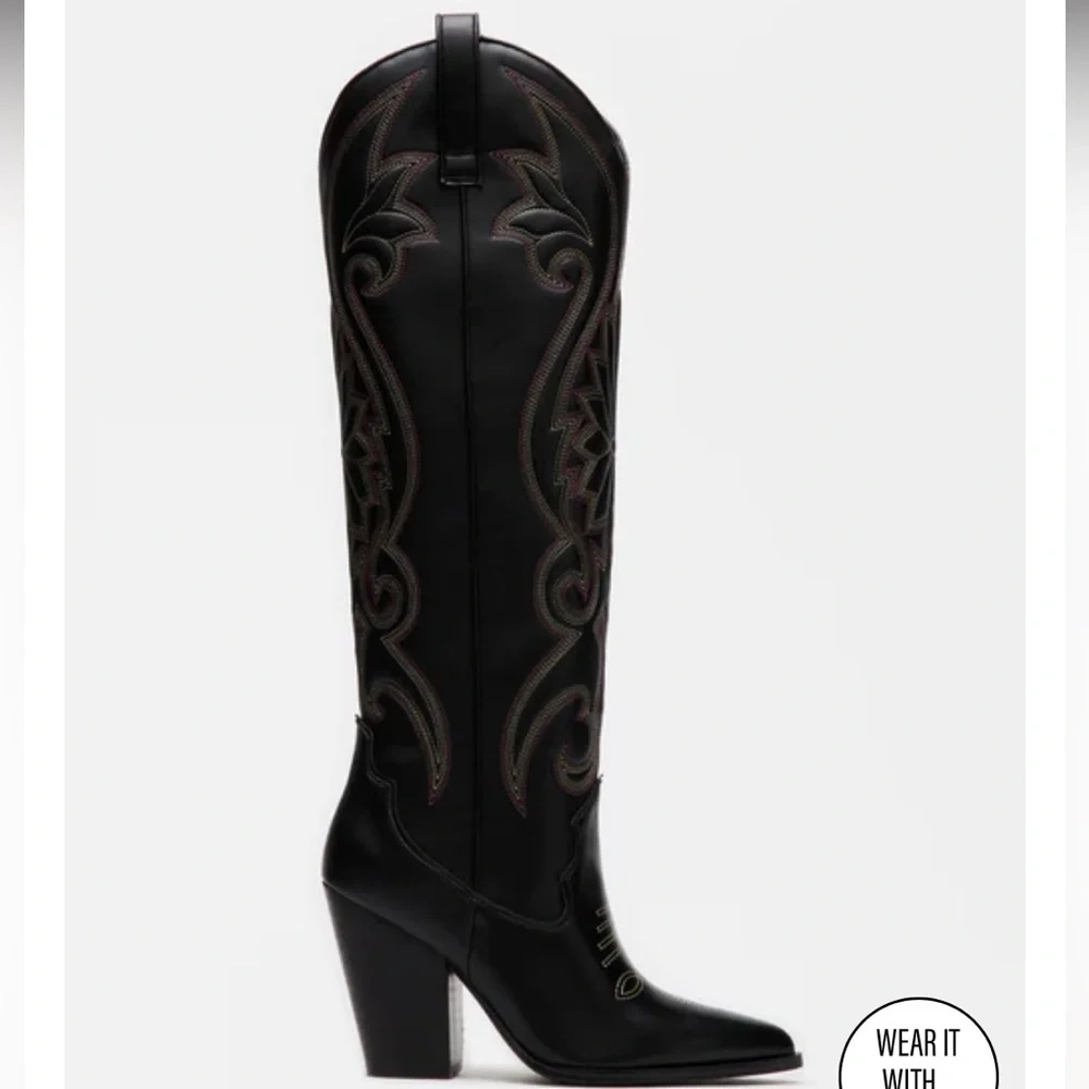 Steve Madden Lasso Black Women's Tall Western Boot with Embroidered Detail